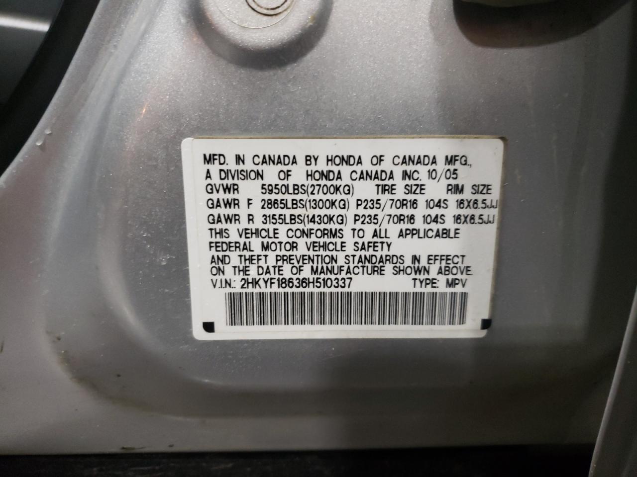 Photo 10 from auction – 2006 HONDA PILOT EX with VIN 2HKYF18636H510337