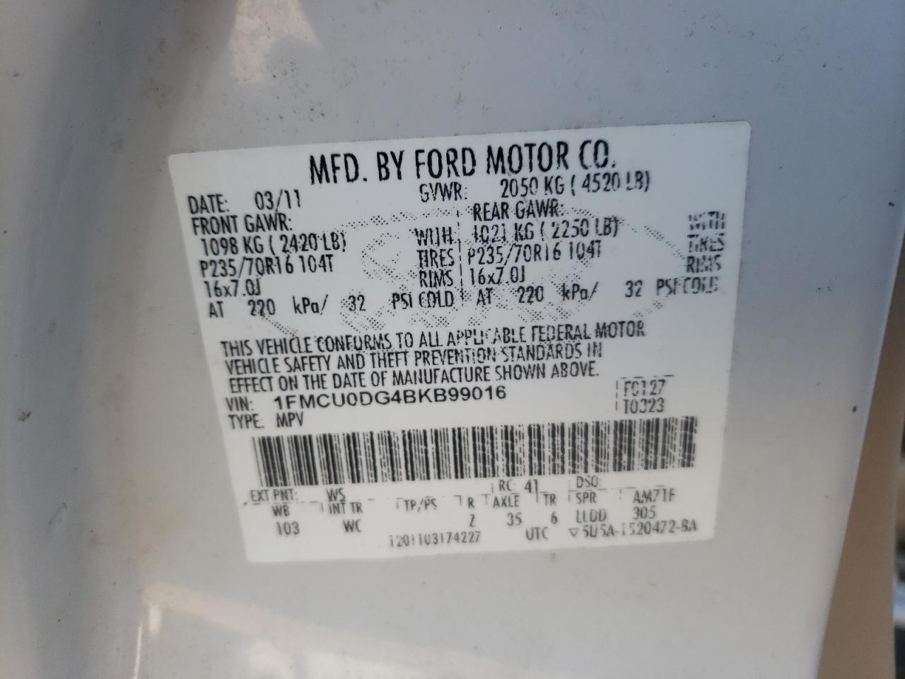 Photo 10 from auction – 2011 FORD ESCAPE XLT with VIN 1FMCU0DG4BKB99016