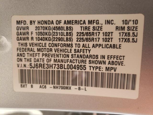 Photo 10 from auction – 2011 HONDA CR-V EXL with VIN 5J6RE3H73BL004955