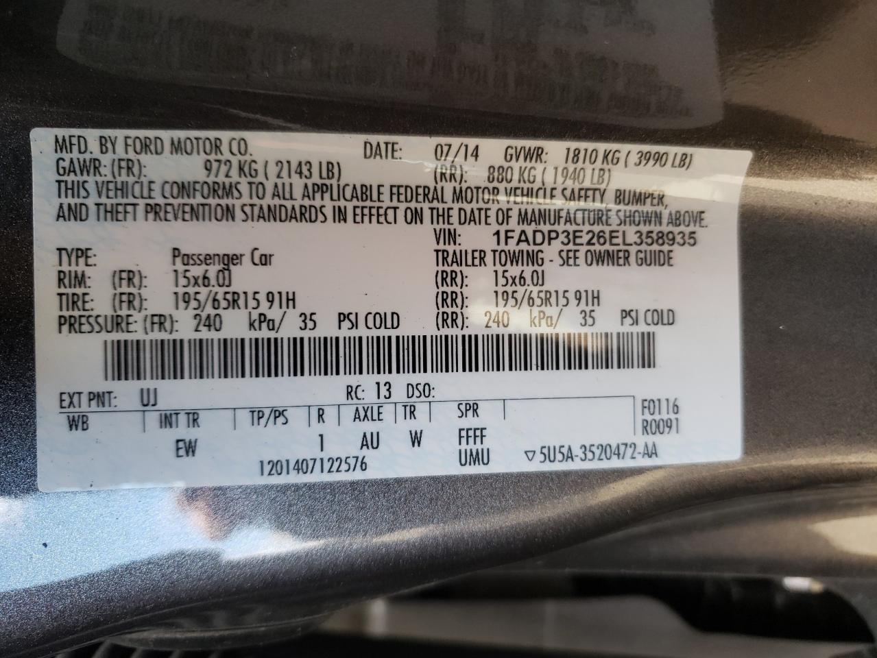 Photo 10 from auction – 2014 FORD FOCUS S with VIN 1FADP3E26EL358935