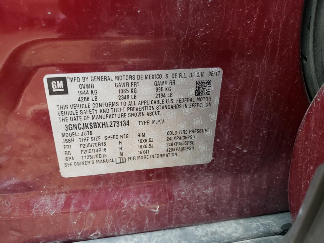 Photo 10 from auction – 2017 CHEVROLET TRAX LS with VIN 3GNCJKSBXHL273134