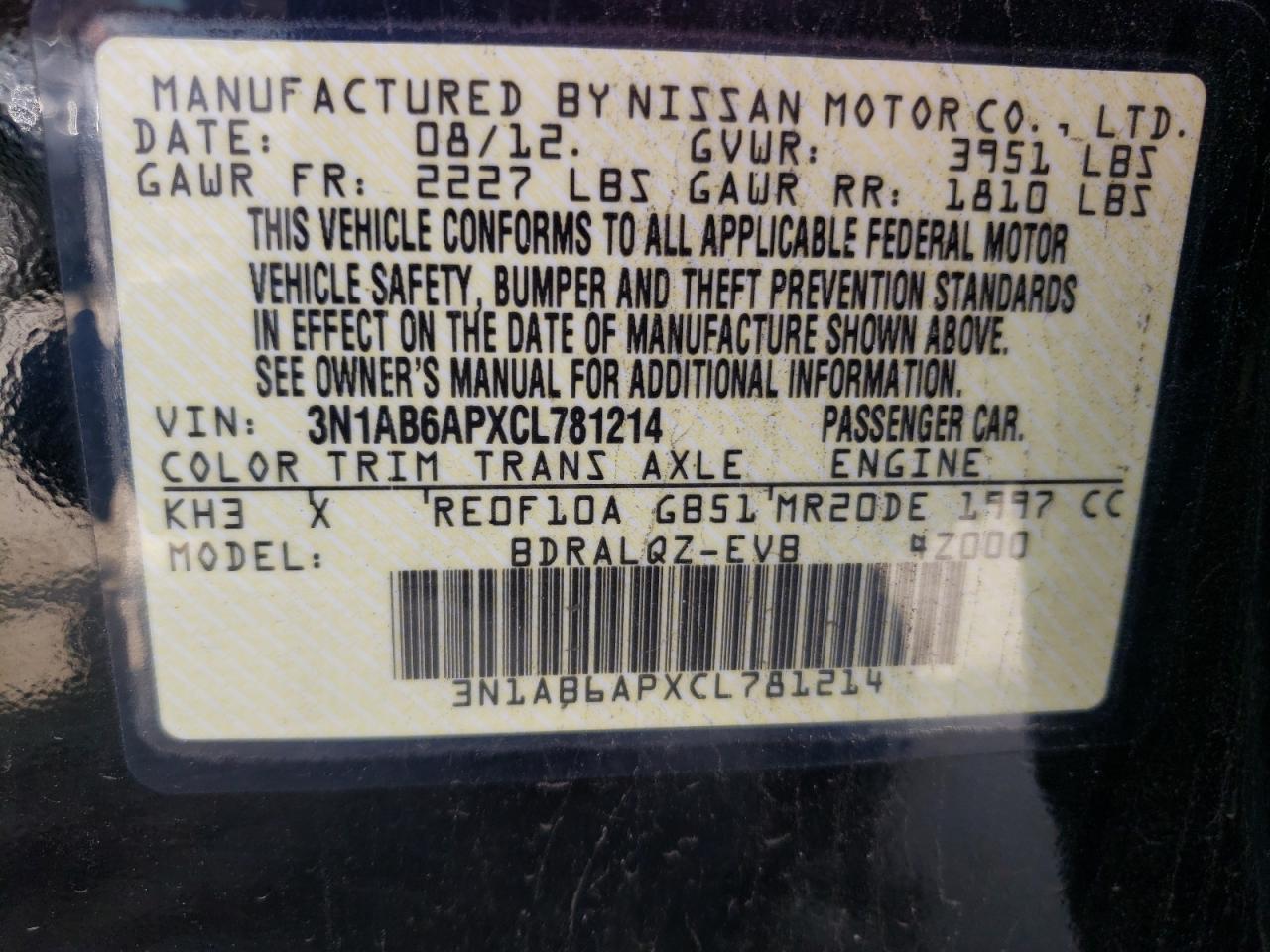 Photo 10 from auction – 2012 NISSAN SENTRA 2.0 with VIN 3N1AB6APXCL781214