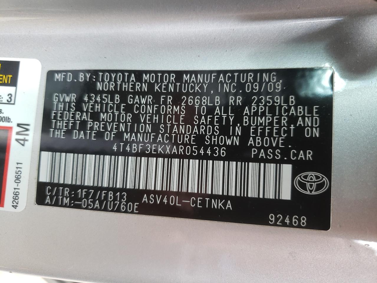 Photo 10 from auction – 2010 TOYOTA CAMRY BASE with VIN 4T4BF3EKXAR054436