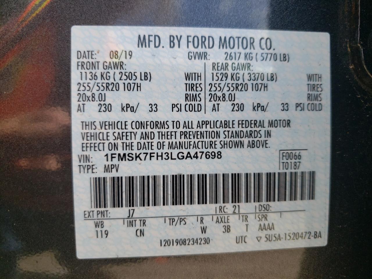 Photo 10 from auction – 2020 FORD EXPLORER L with VIN 1FMSK7FH3LGA47698