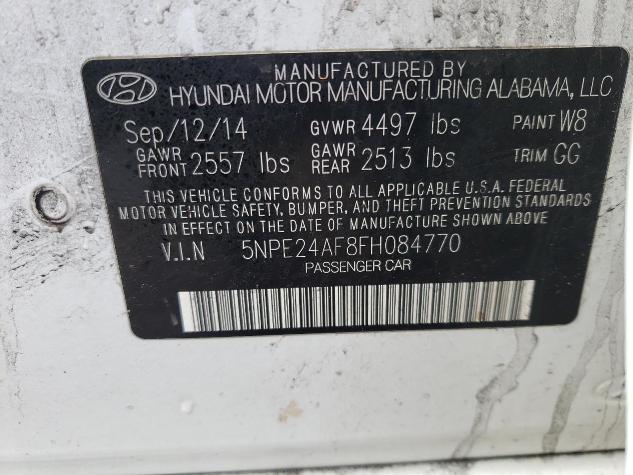 Photo 10 from auction – 2015 HYUNDAI SONATA SE with VIN 5NPE24AF8FH084770