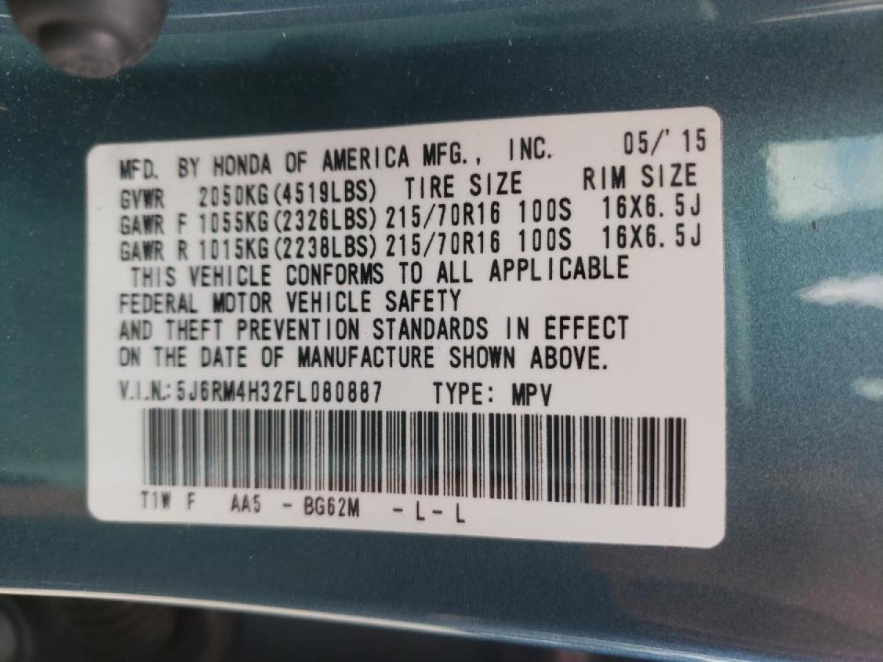 Photo 10 from auction – 2015 HONDA CR-V LX with VIN 5J6RM4H32FL080887