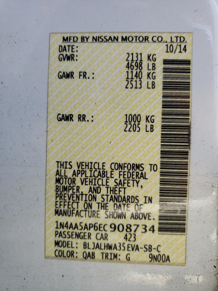 Photo 10 from auction – 2014 NISSAN MAXIMA S with VIN 1N4AA5AP6EC908734
