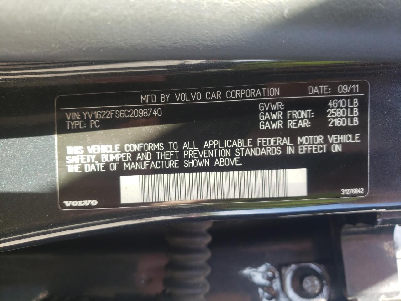 Photo 10 from auction – 2012 VOLVO S60 T5 with VIN YV1622FS6C2098740