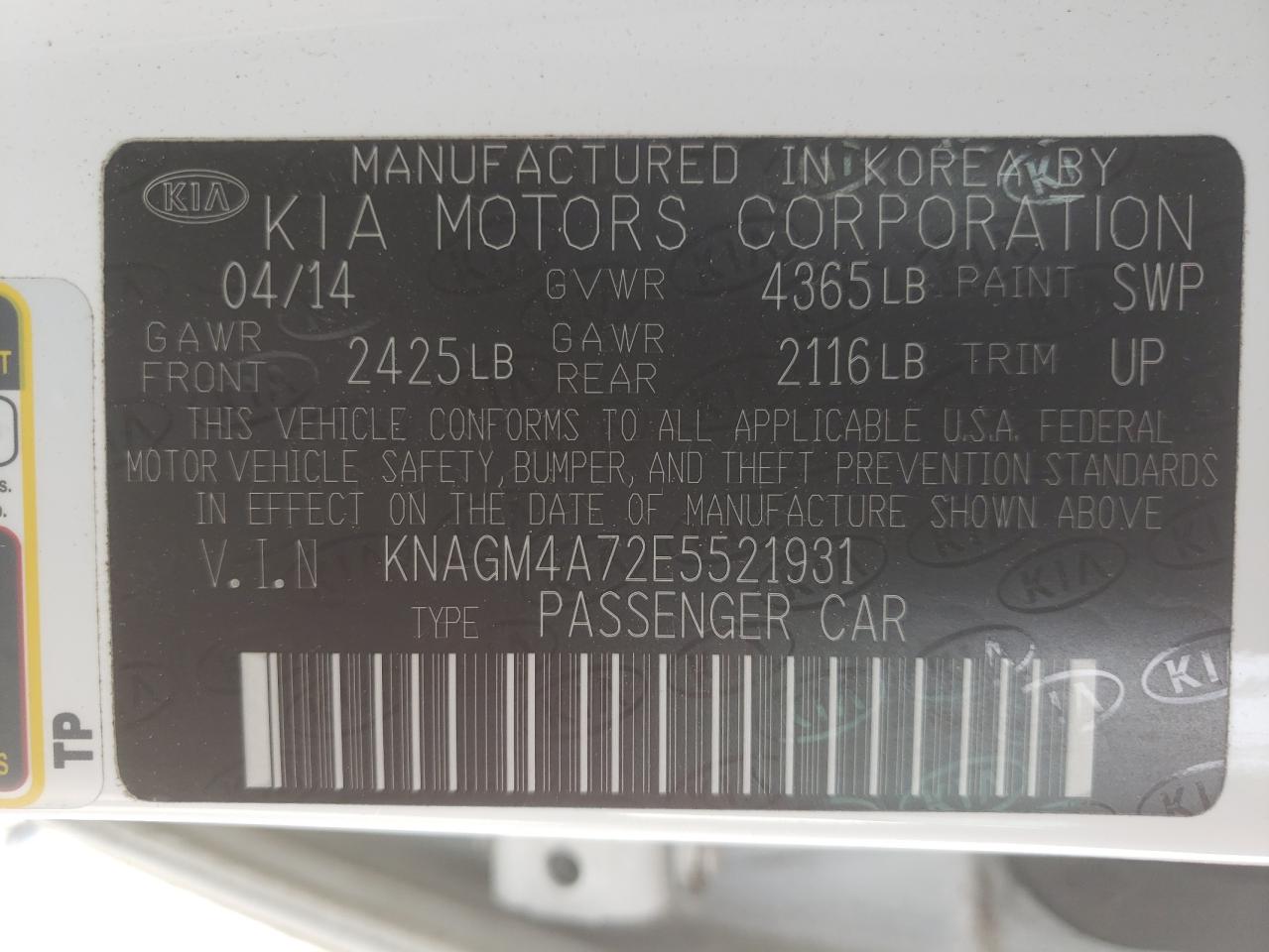 Photo 10 from auction – 2014 KIA OPTIMA LX with VIN KNAGM4A72E5521931