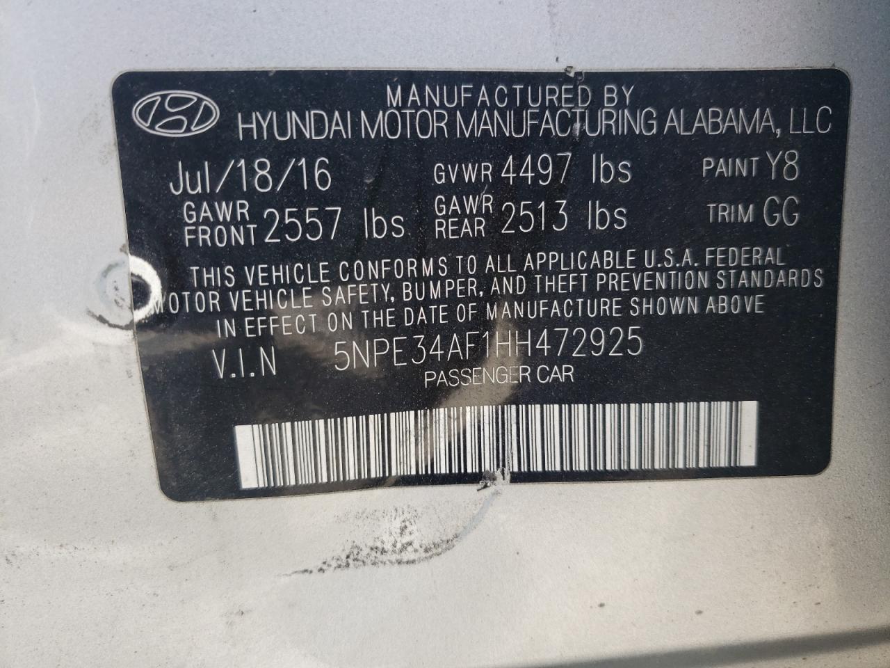 Photo 10 from auction – 2017 HYUNDAI SONATA SPO with VIN 5NPE34AF1HH472925