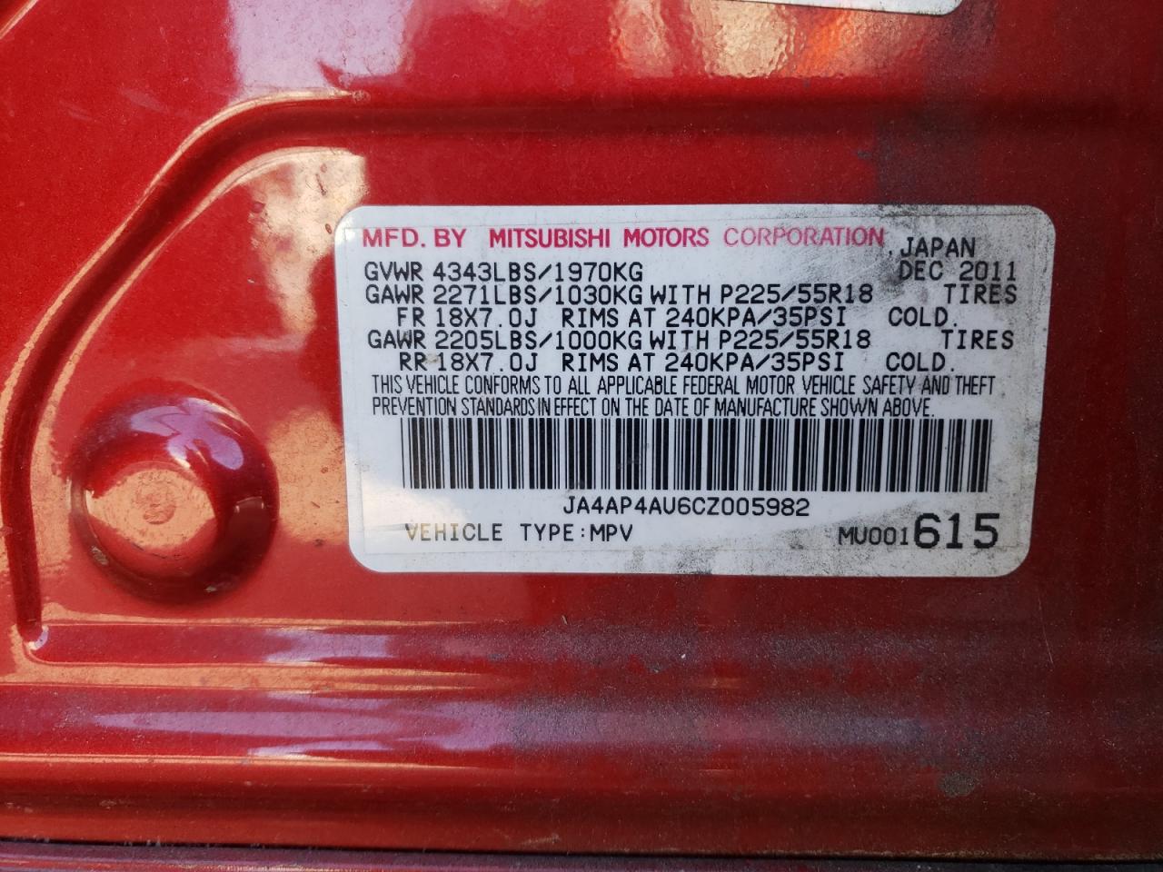 Photo 10 from auction – 2012 MITSUBISHI OUTLANDER with VIN JA4AP4AU6CZ005982