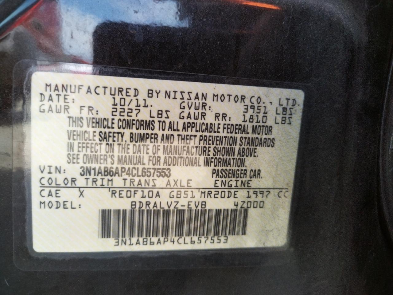 Photo 10 from auction – 2012 NISSAN SENTRA 2.0 with VIN 3N1AB6AP4CL657553