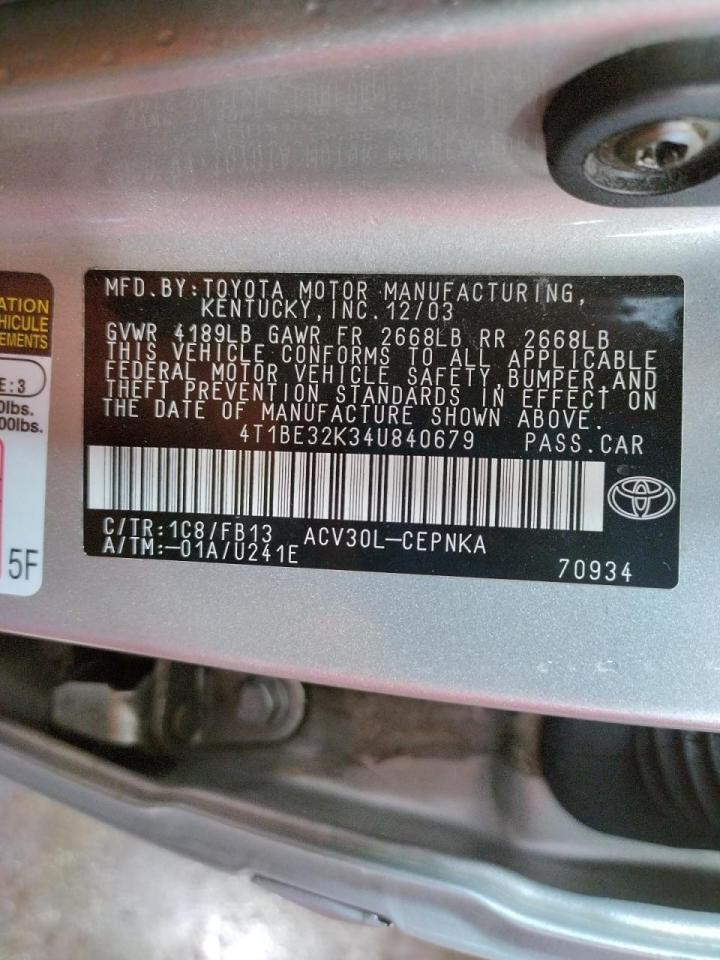Photo 10 from auction – 2004 TOYOTA CAMRY LE with VIN 4T1BE32K34U840679