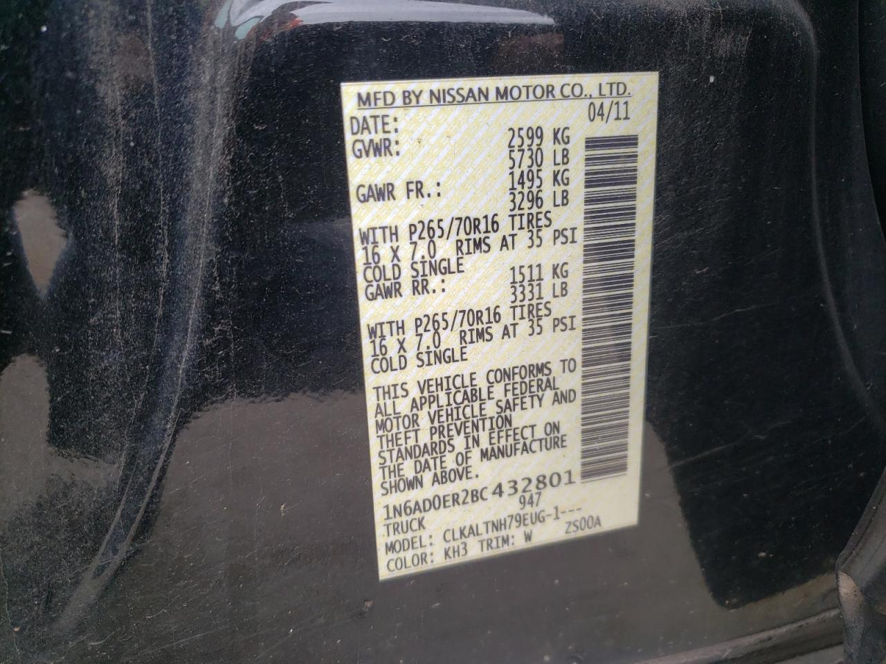 Photo 10 from auction – 2011 NISSAN FRONTIER S with VIN 1N6AD0ER2BC432801