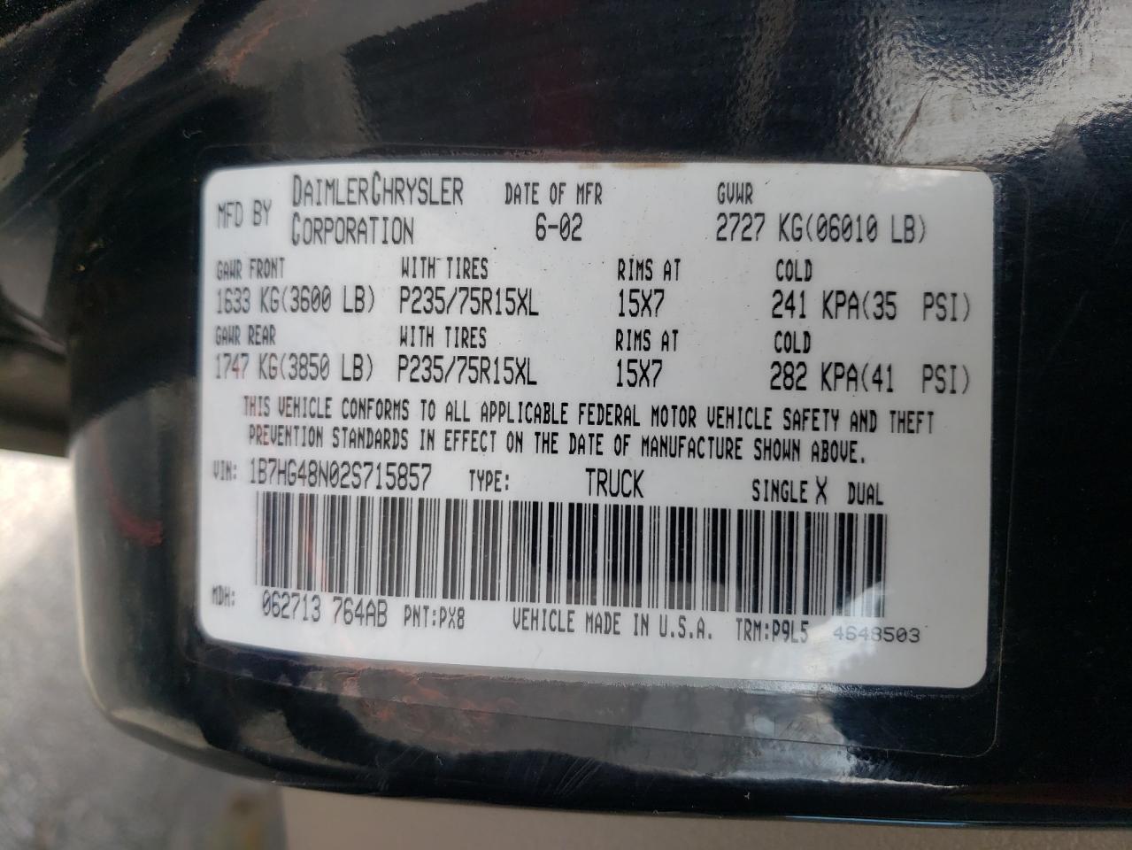Photo 10 from auction – 2002 DODGE DAKOTA QUA with VIN 1B7HG48N02S715857