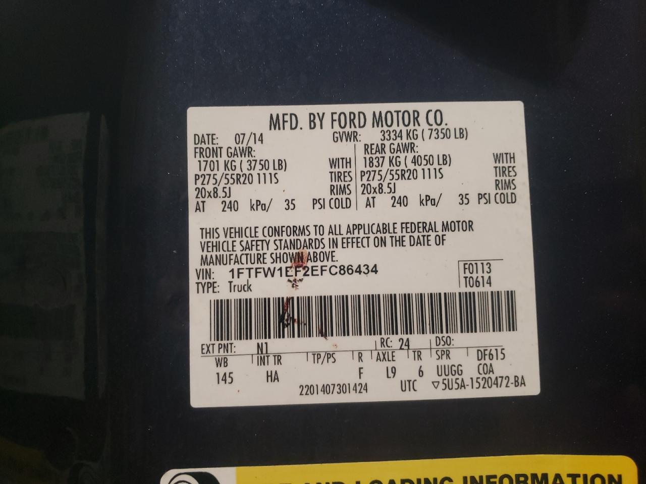 Photo 10 from auction – 2014 FORD F150 SUPER with VIN 1FTFW1EF2EFC86434