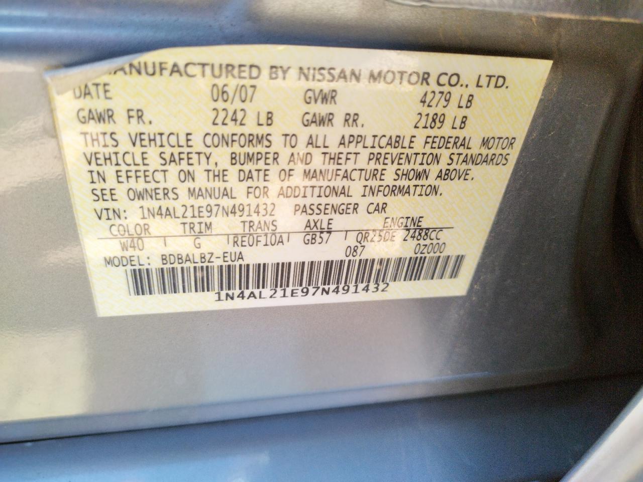 Photo 10 from auction – 2007 NISSAN ALTIMA 2.5 with VIN 1N4AL21E97N491432