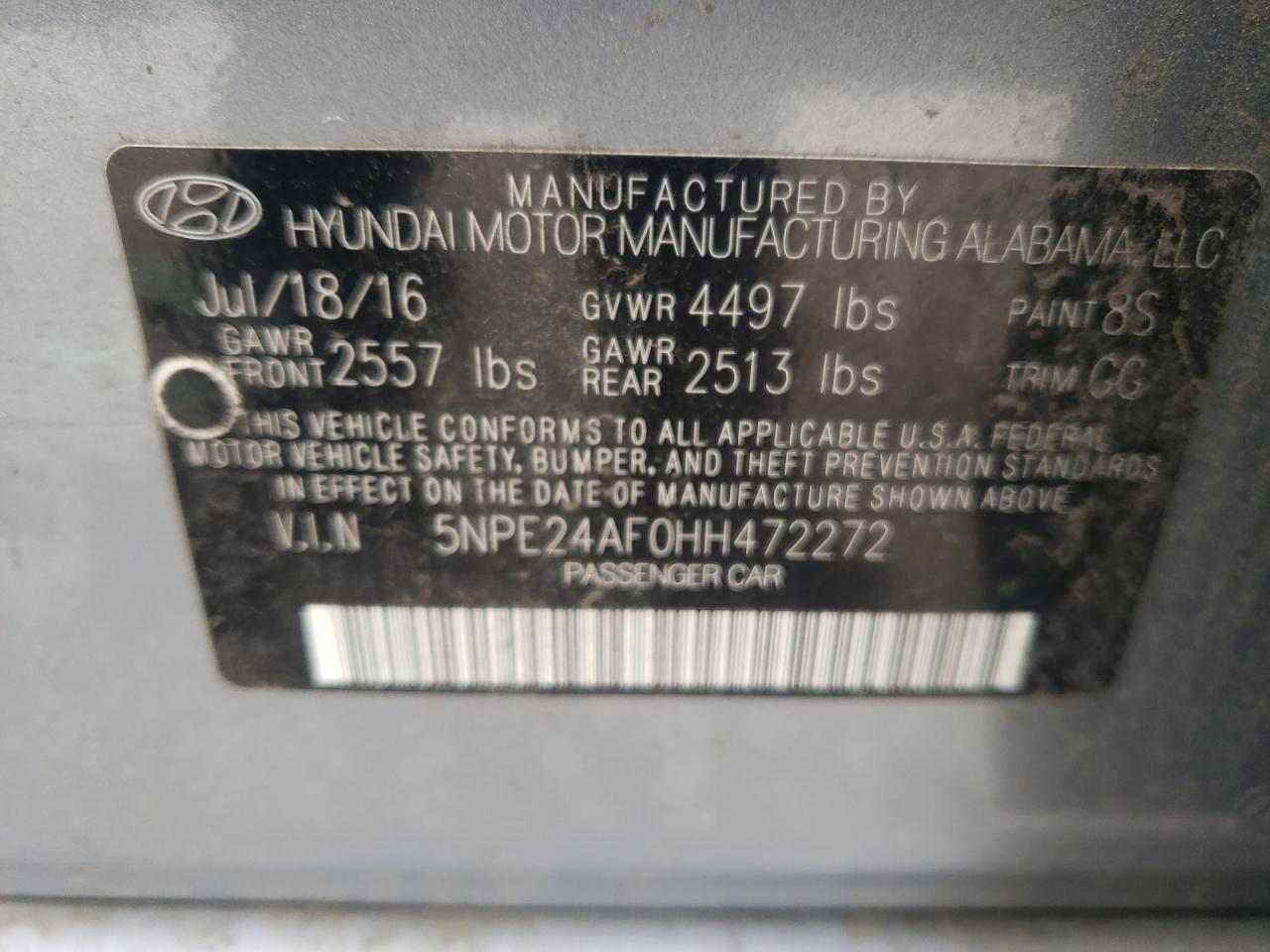 Photo 10 from auction – 2017 HYUNDAI SONATA SE with VIN 5NPE24AF0HH472272