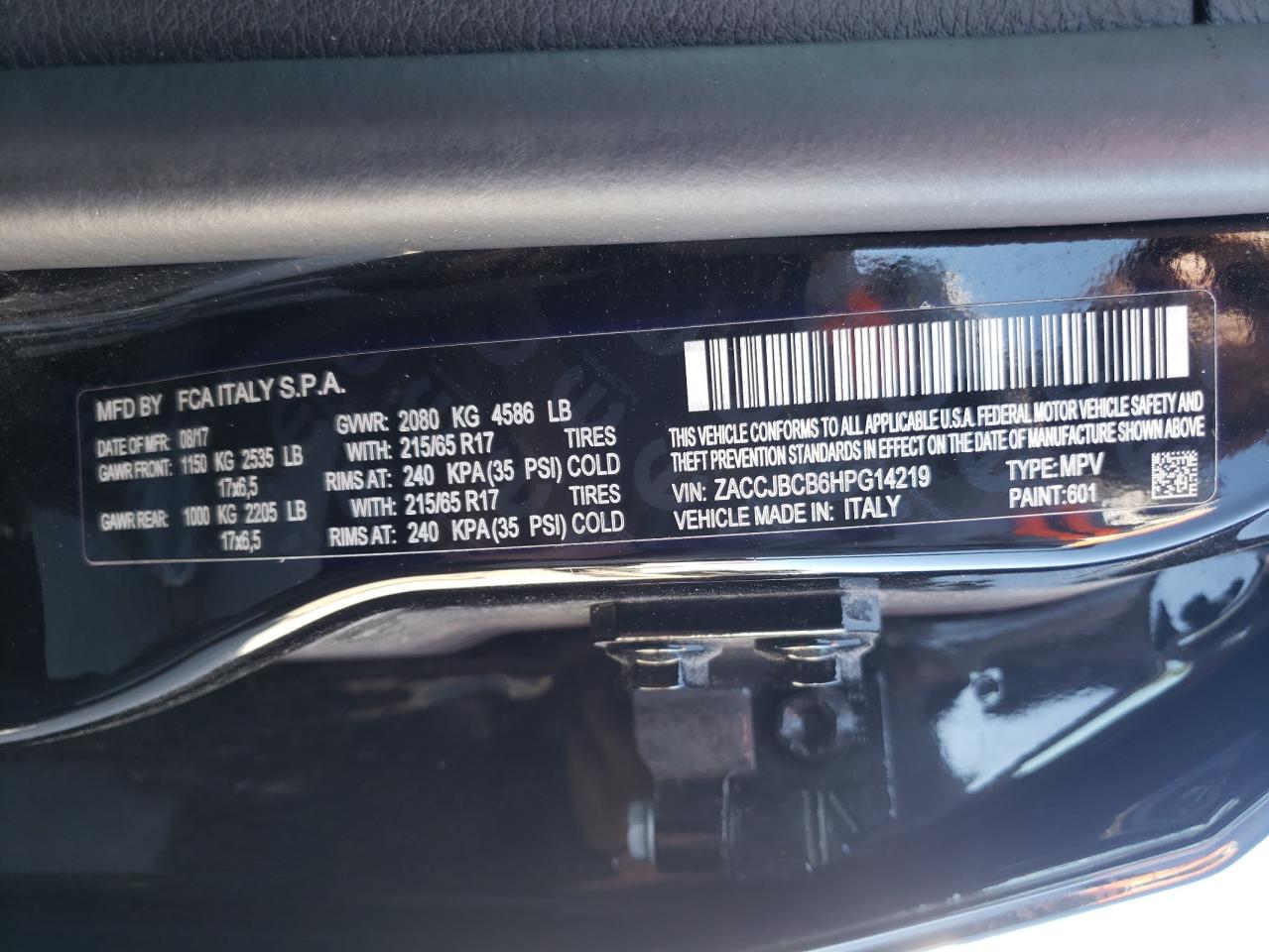 Photo 11 from auction – 2017 JEEP RENEGADE T with VIN ZACCJBCB6HPG14219