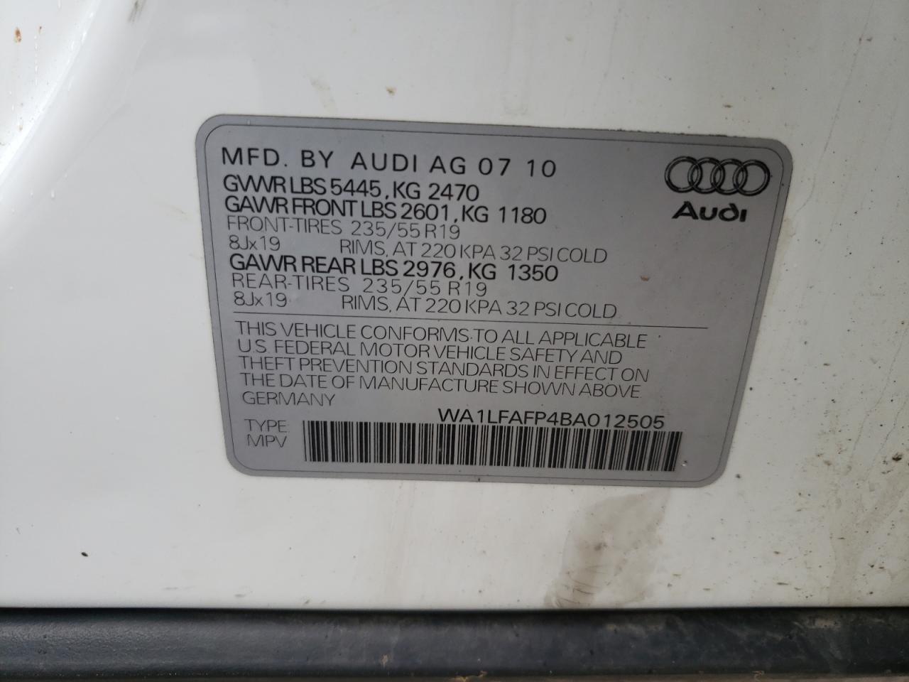 Photo 10 from auction – 2011 AUDI Q5 PREMIUM with VIN WA1LFAFP4BA012505