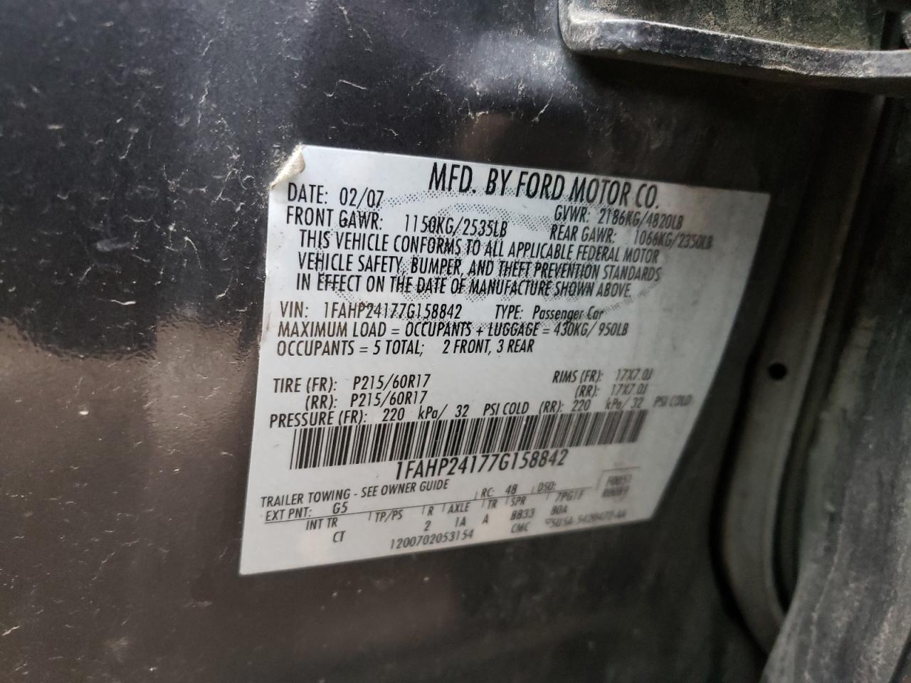 Photo 10 from auction – 2007 FORD FIVE HUNDR with VIN 1FAHP24177G158842