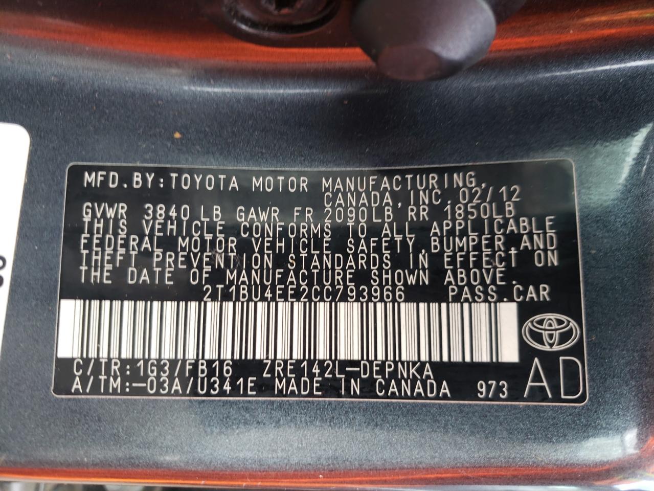 Photo 10 from auction – 2012 TOYOTA COROLLA BA with VIN 2T1BU4EE2CC793966