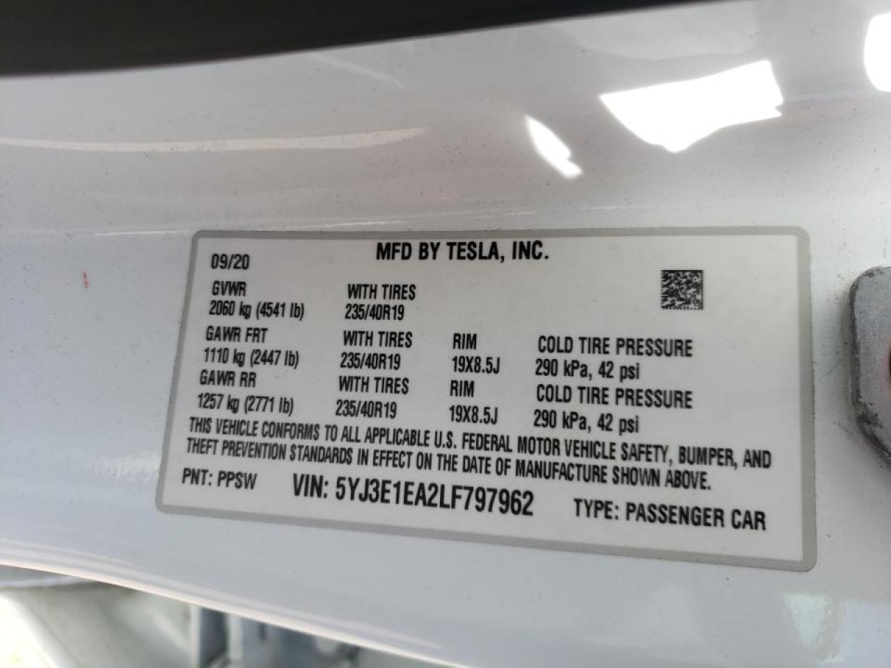 Photo 10 from auction – 2020 TESLA MODEL 3 with VIN 5YJ3E1EA2LF797962