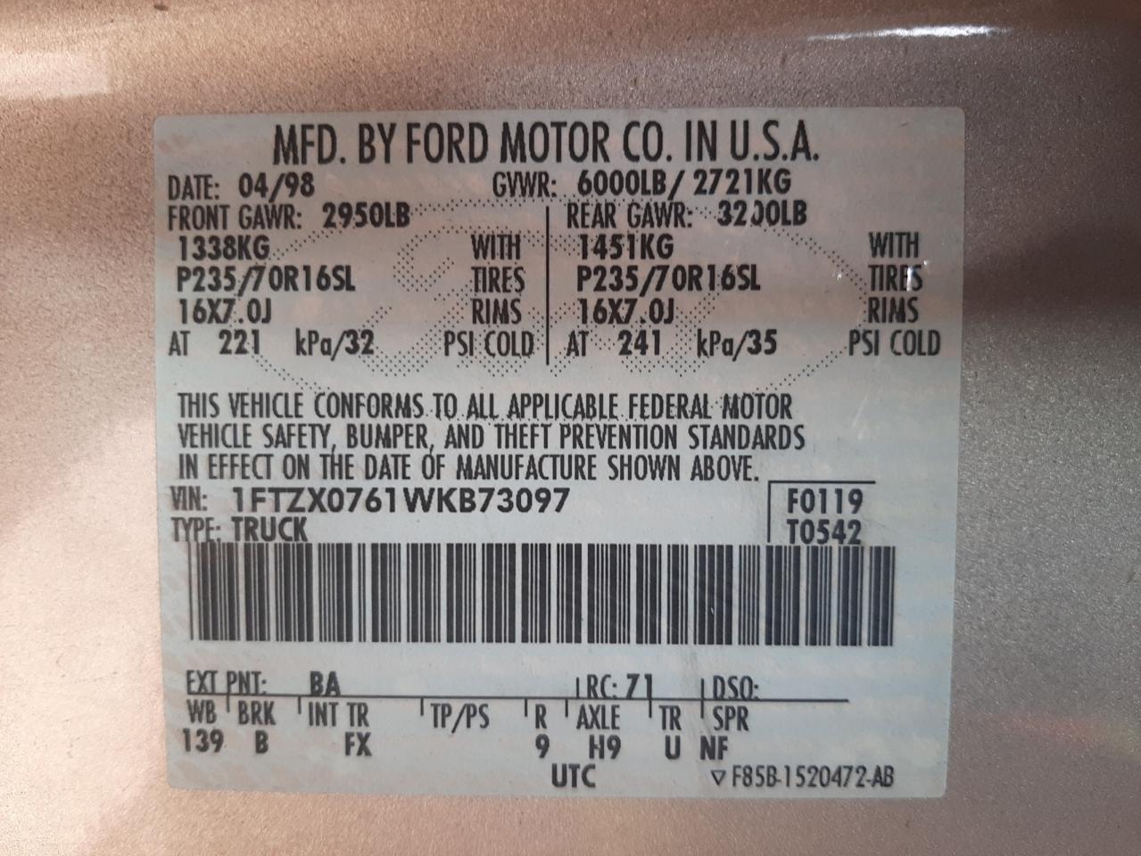 Photo 10 from auction – 1998 FORD F150 with VIN 1FTZX0761WKB73097