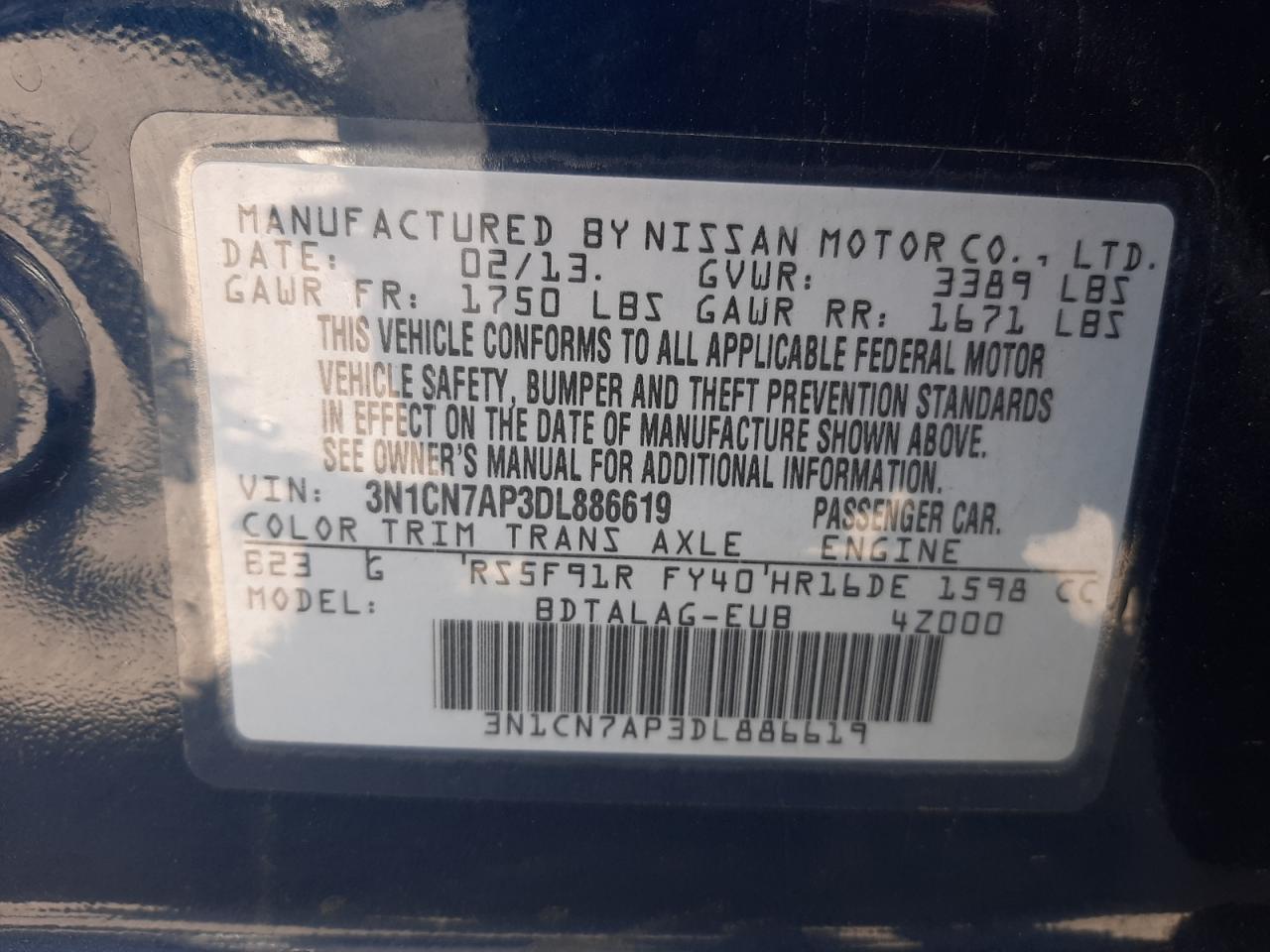 Photo 10 from auction – 2013 NISSAN VERSA S with VIN 3N1CN7AP3DL886619