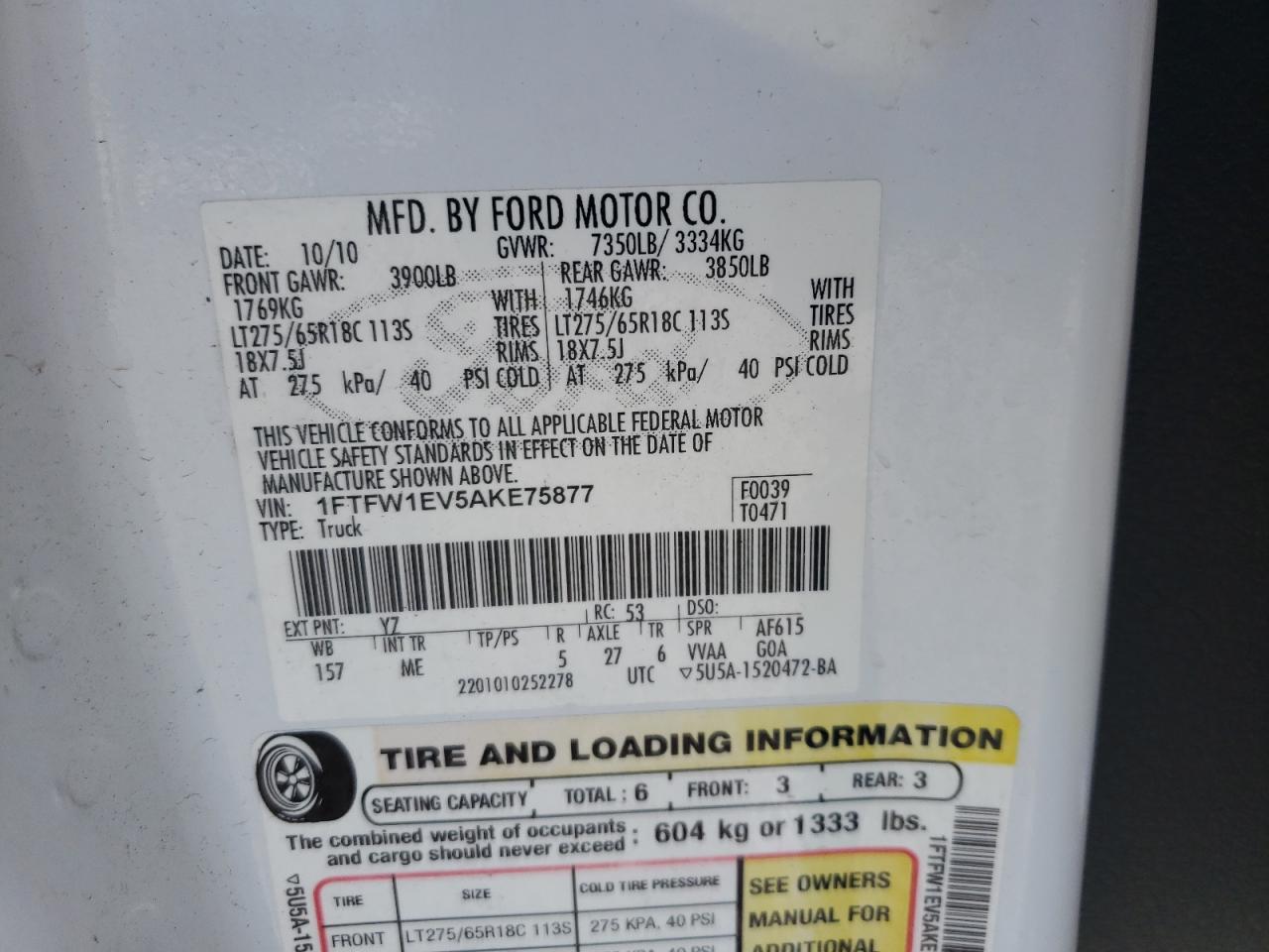 Photo 10 from auction – 2010 FORD F150 SUPER with VIN 1FTFW1EV5AKE75877