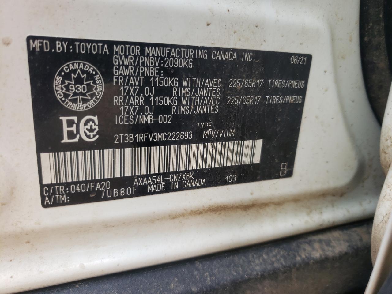 Photo 10 from auction – 2021 TOYOTA RAV4 LE with VIN 2T3B1RFV3MC222693
