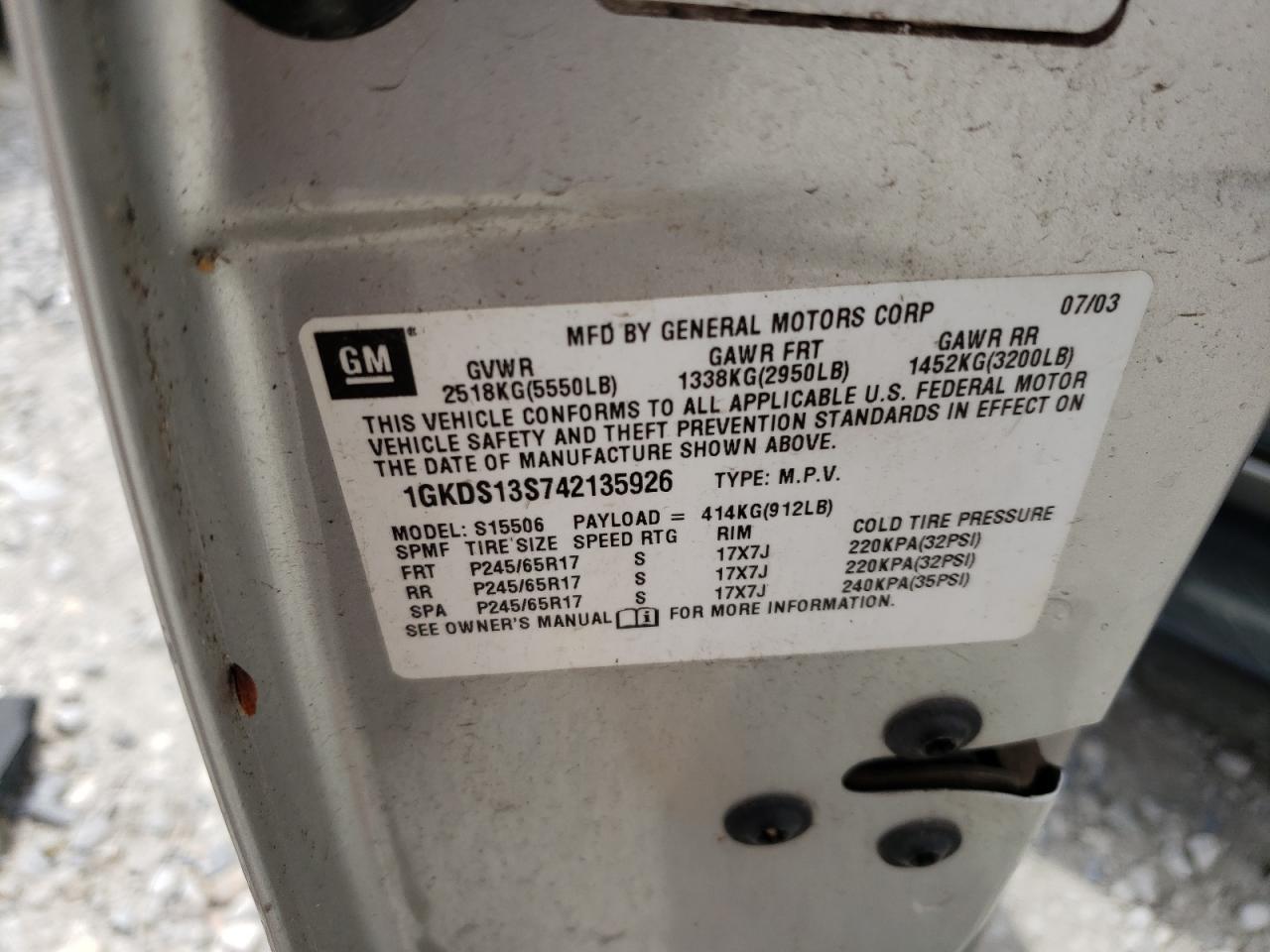 Photo 10 from auction – 2004 GMC ENVOY with VIN 1GKDS13S742135926