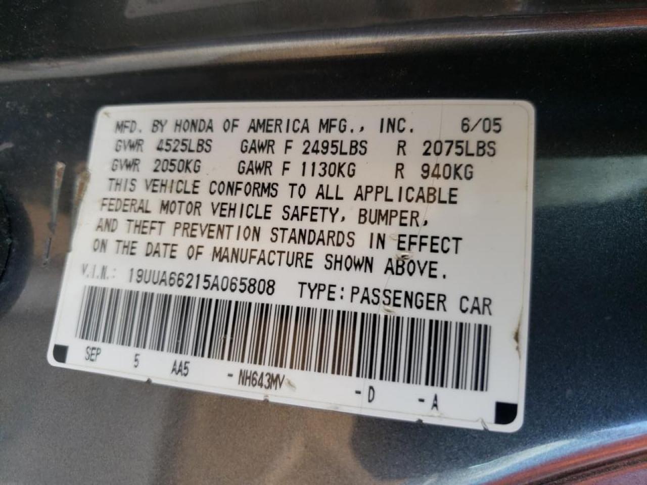 Photo 10 from auction – 2005 ACURA TL with VIN 19UUA66215A065808