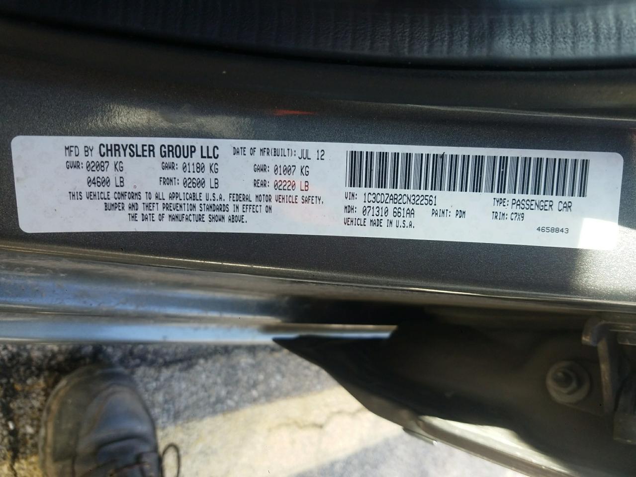 Photo 10 from auction – 2012 DODGE AVENGER SE with VIN 1C3CDZAB2CN322561