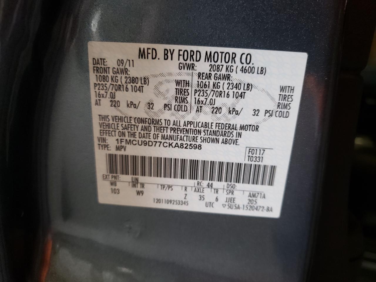 Photo 10 from auction – 2012 FORD ESCAPE XLT with VIN 1FMCU9D77CKA82598