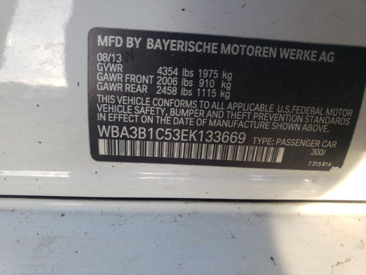 Photo 10 from auction – 2014 BMW 320 I with VIN WBA3B1C53EK133669