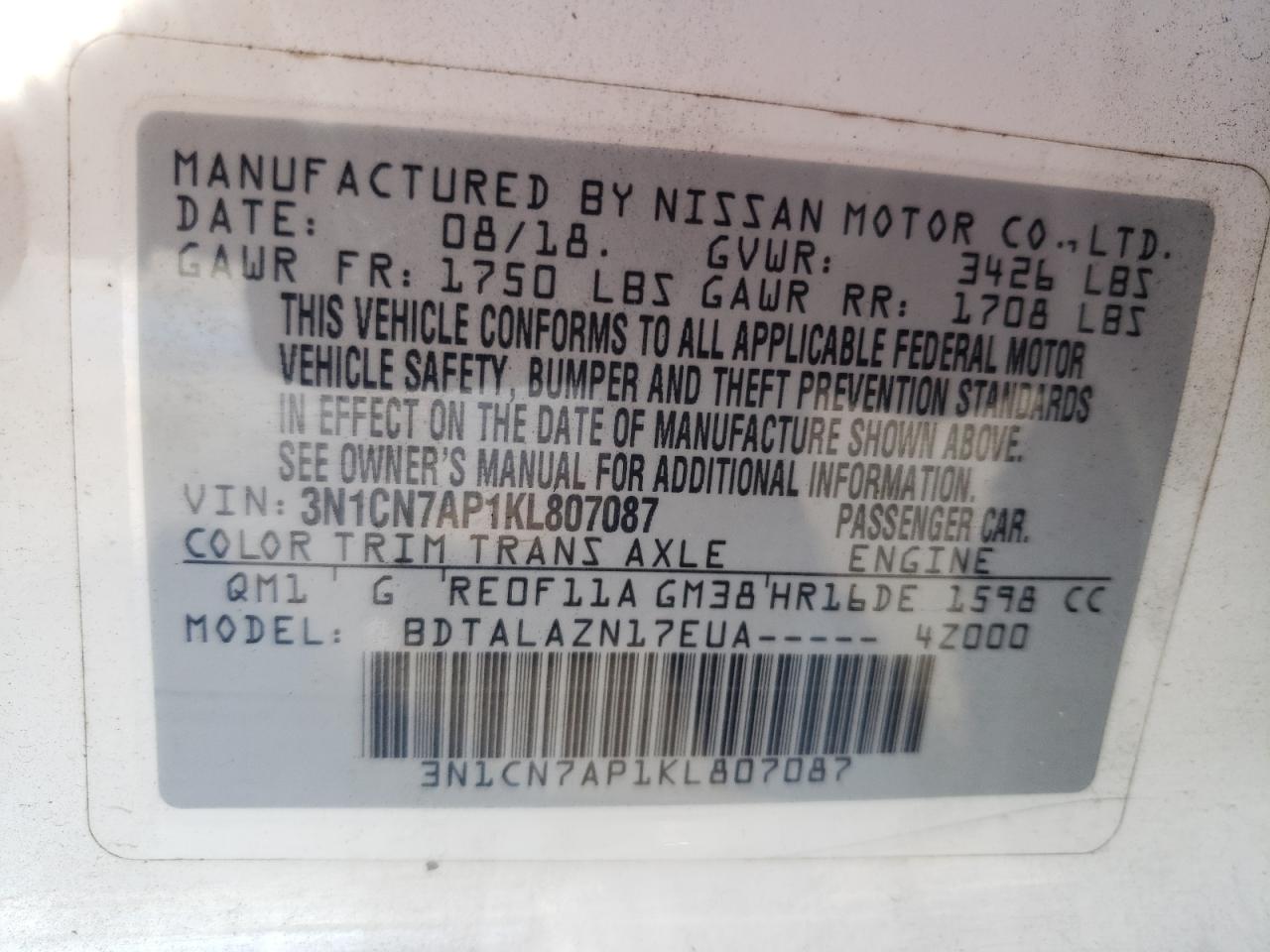 Photo 10 from auction – 2019 NISSAN VERSA S with VIN 3N1CN7AP1KL807087