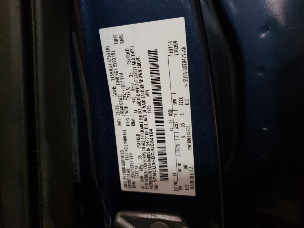 Photo 10 from auction – 2018 FORD ESCAPE SEL with VIN 1FMCU9HD7JUC84164