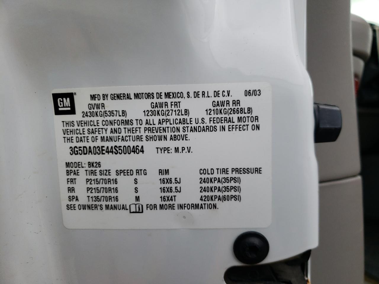 Photo 10 from auction – 2004 BUICK RENDEZVOUS with VIN 3G5DA03E44S500464