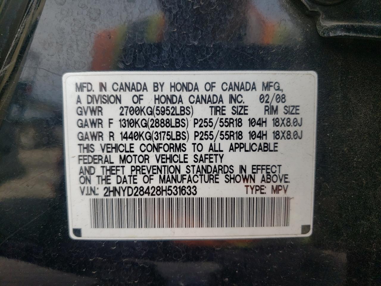 Photo 10 from auction – 2008 ACURA MDX TECHNO with VIN 2HNYD28428H531633