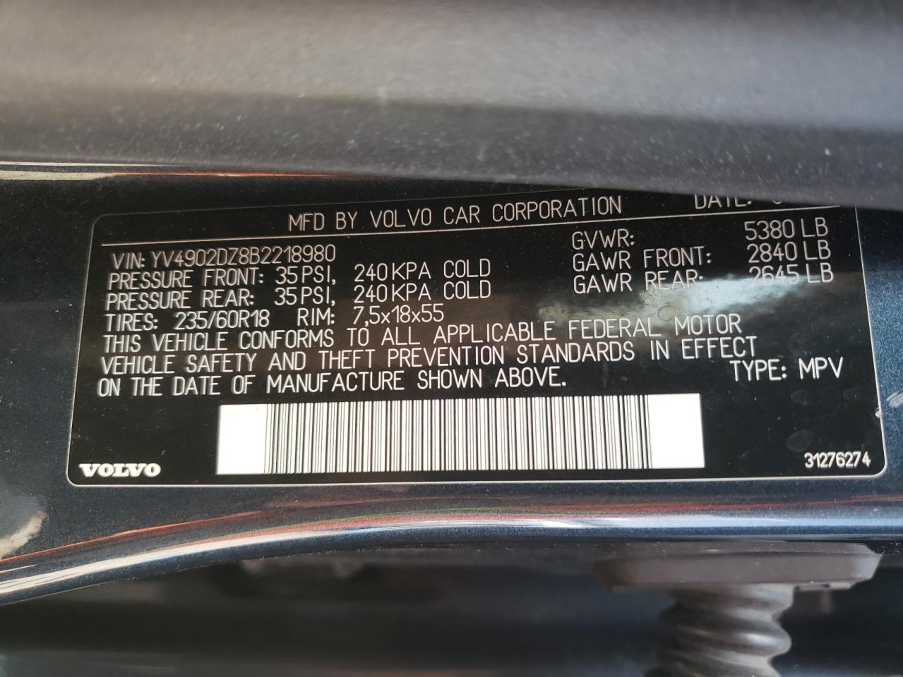 Photo 10 from auction – 2011 VOLVO XC60 T6 with VIN YV4902DZ8B2218980