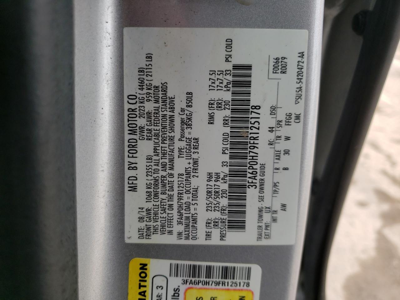 Photo 10 from auction – 2015 FORD FUSION SE with VIN 3FA6P0H79FR125178
