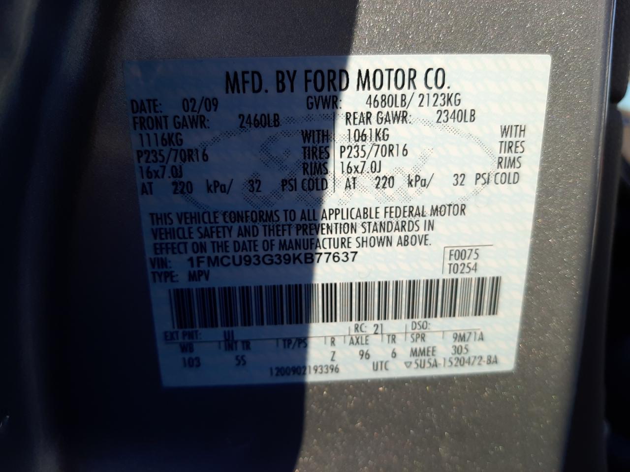 Photo 10 from auction – 2009 FORD ESCAPE XLT with VIN 1FMCU93G39KB77637