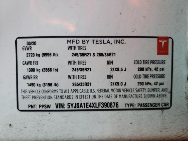Photo 10 from auction – 2020 TESLA MODEL S with VIN 5YJSA1E4XLF390876