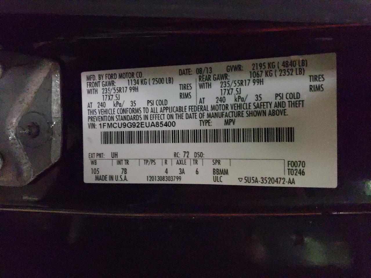 Photo 10 from auction – 2014 FORD ESCAPE SE with VIN 1FMCU9G92EUA85400