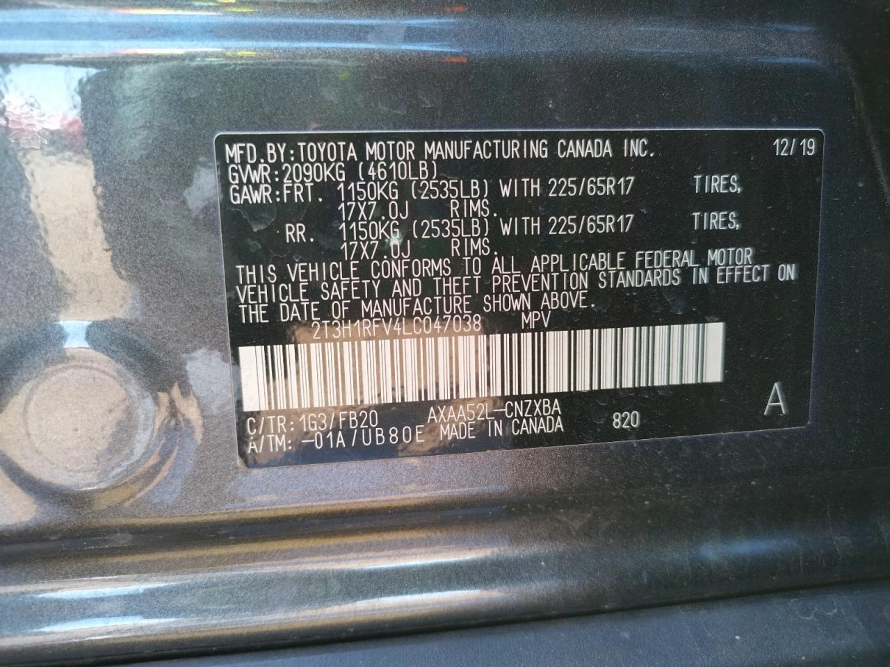 Photo 10 from auction – 2020 TOYOTA RAV4 LE with VIN 2T3H1RFV4LC047038