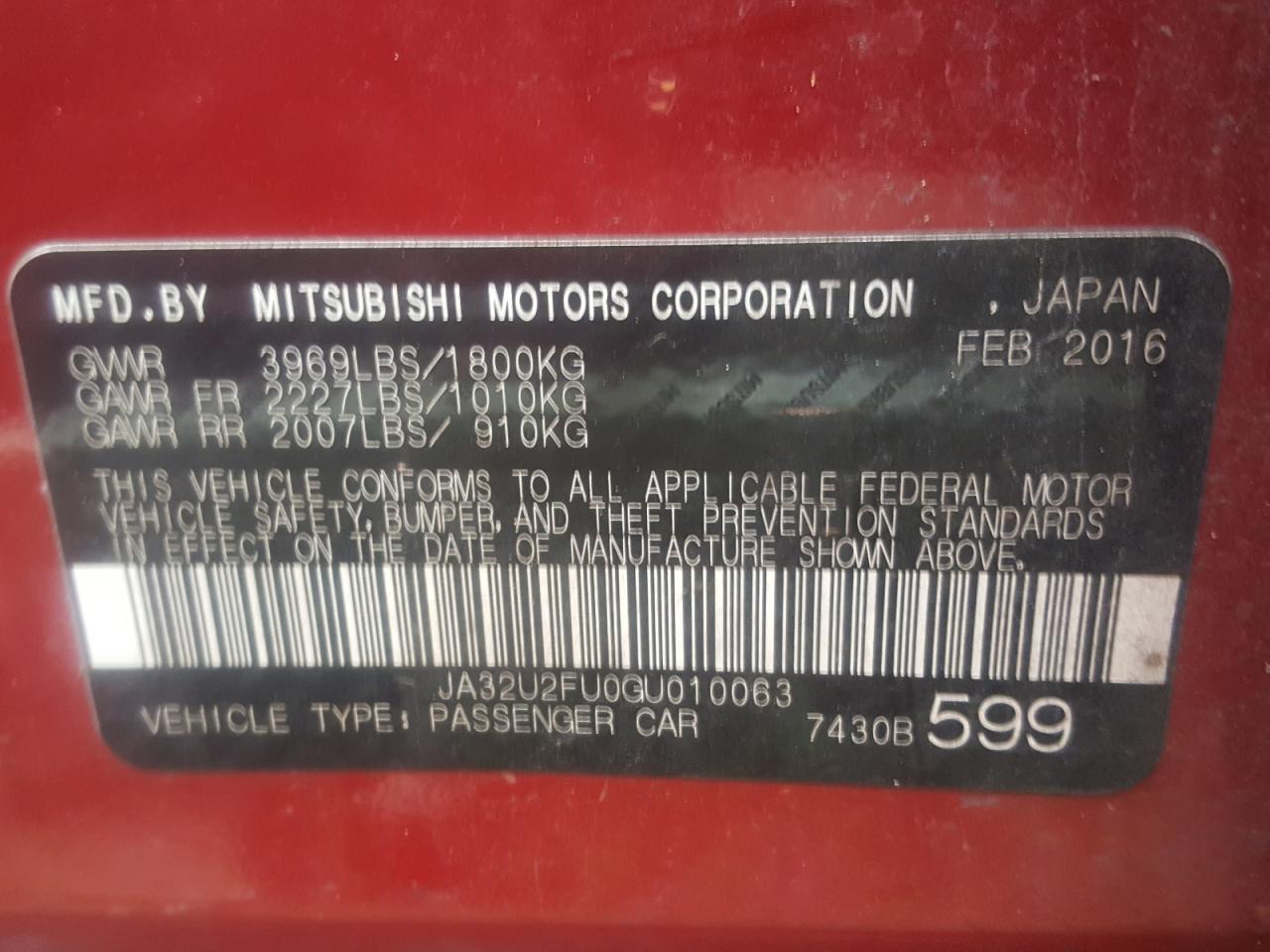 Photo 10 from auction – 2016 MITSUBISHI LANCER ES with VIN JA32U2FU0GU010063