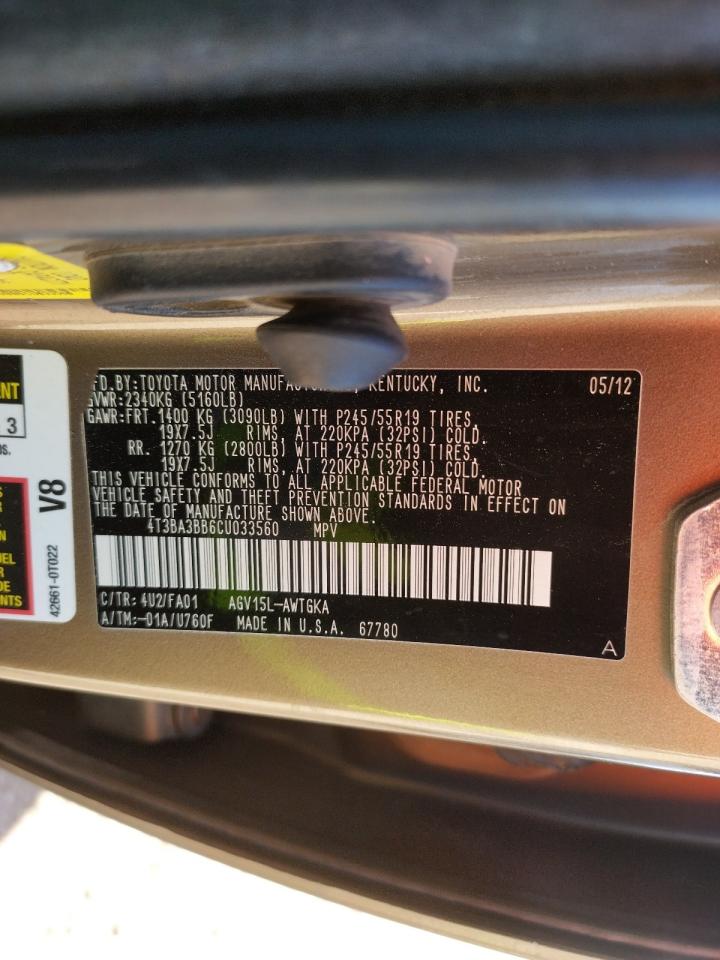 Photo 10 from auction – 2012 TOYOTA VENZA LE with VIN 4T3BA3BB6CU033560
