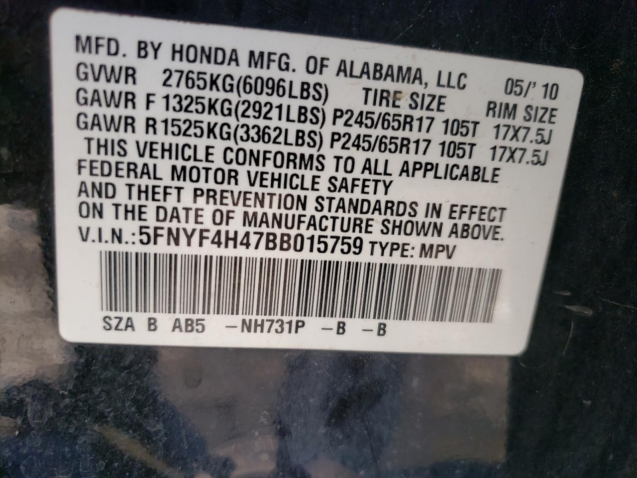Photo 10 from auction – 2011 HONDA PILOT EX with VIN 5FNYF4H47BB015759