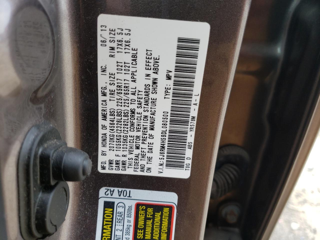 Photo 10 from auction – 2013 HONDA CR-V with VIN 5J6RM4H59DL080500